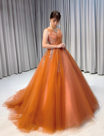 テラコッタ　ドレス　YNS WEDDING オレンジ　グリッター　パニエ付きウエスト60cm体重50キロ